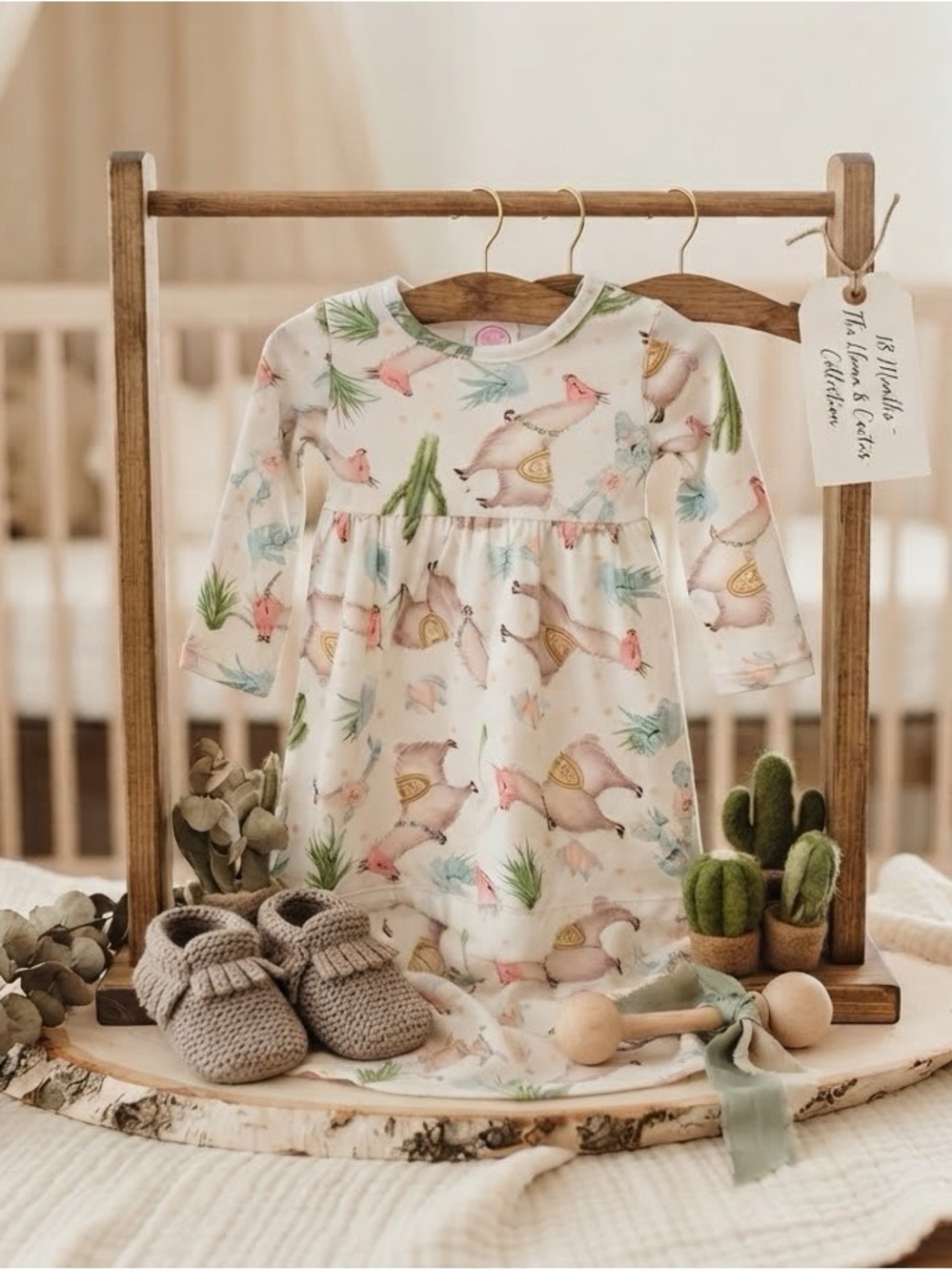 Baby Girl Long Sleeve Cream Dress with Pastel Animal Print